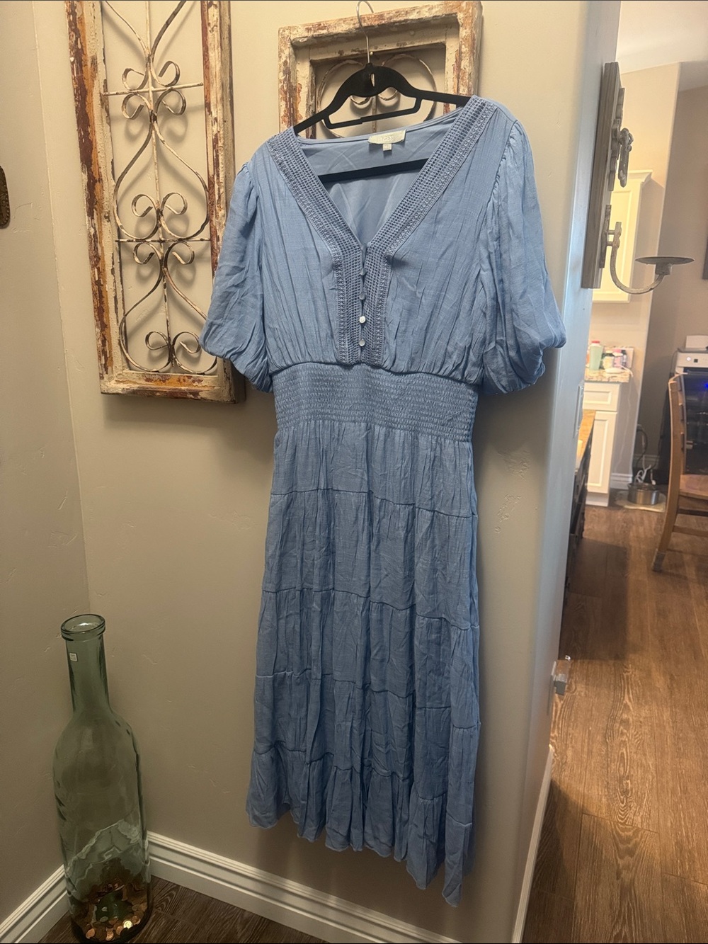 Sky Blue V-Neck Smocked Midi Dress with Puff Sleeves